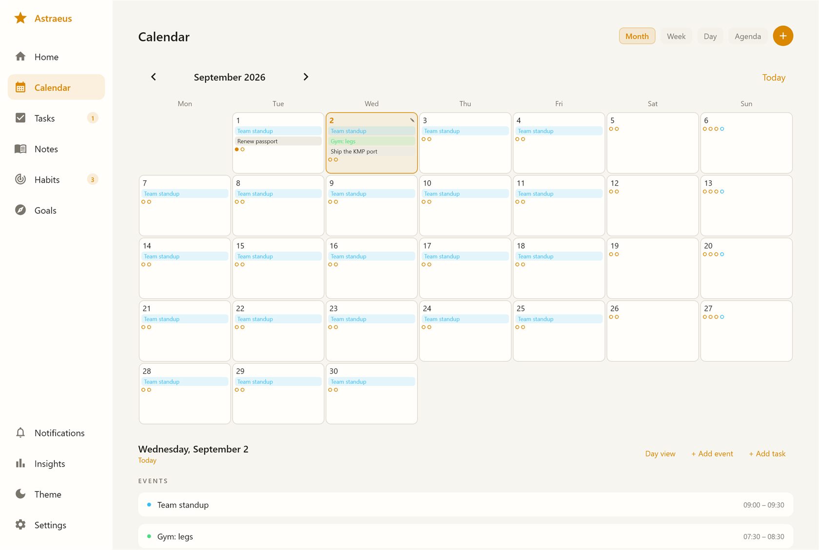 Astraeus Calendar: a month grid with events, colour-coded task chips, and habit dots.