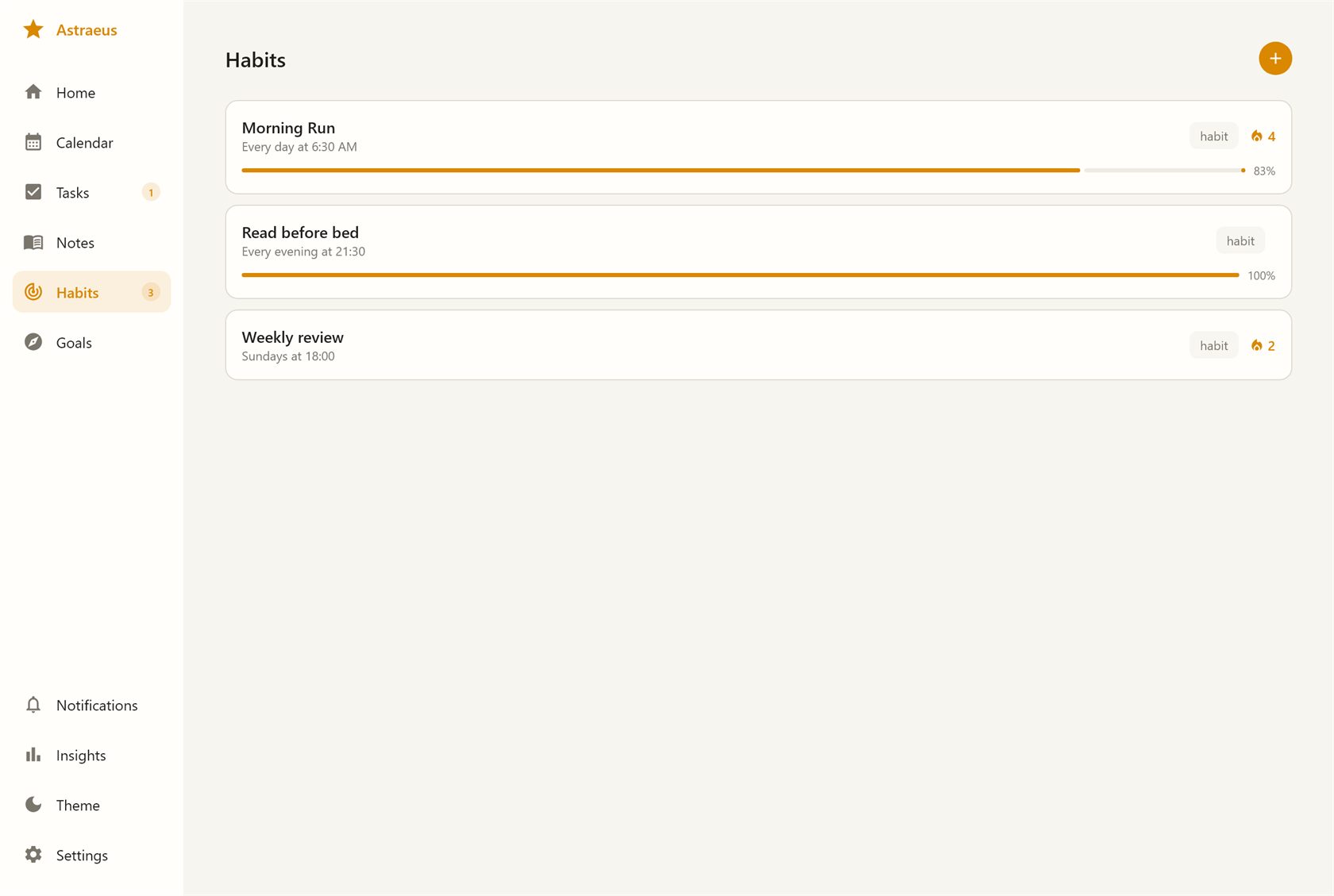 Astraeus Habits: daily habits with streaks, check-in history, and big-picture goals.