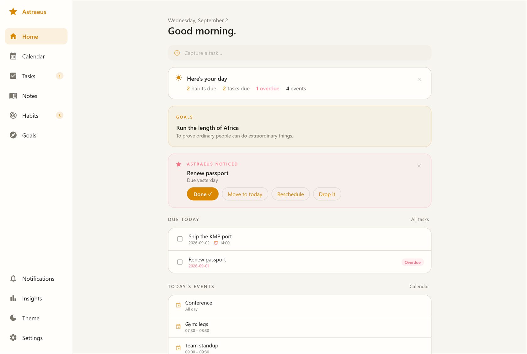 Astraeus Home: today's tasks, calendar events, and habit streaks in one dashboard.