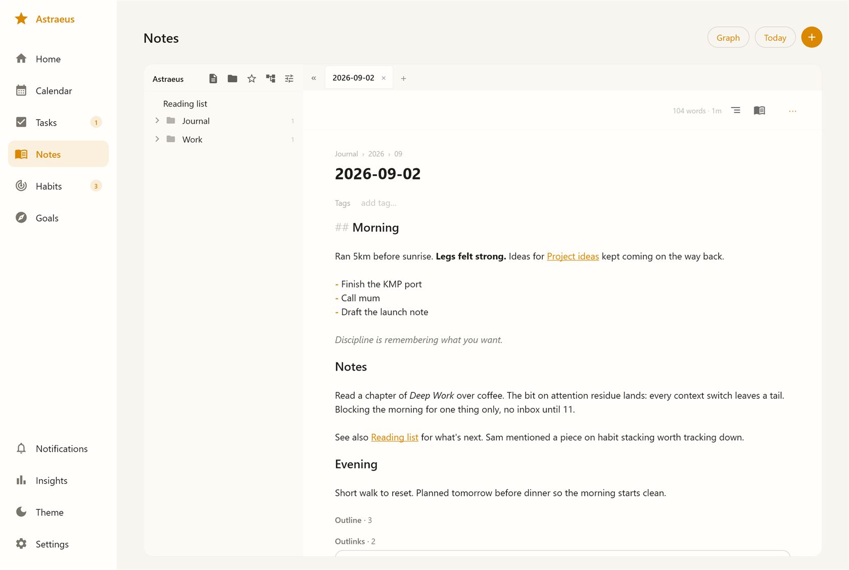 Astraeus Notes: a Markdown editor with the file tree, wiki links, and a live note graph.